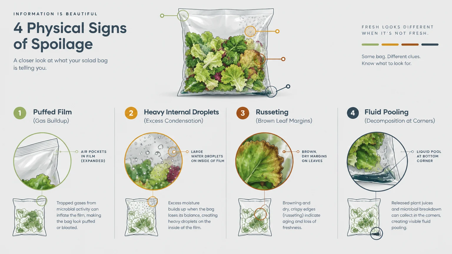 Diagram showing four physical signs of spoilage in bagged salad: puffed film, droplets, russeting, and pooling fluid.