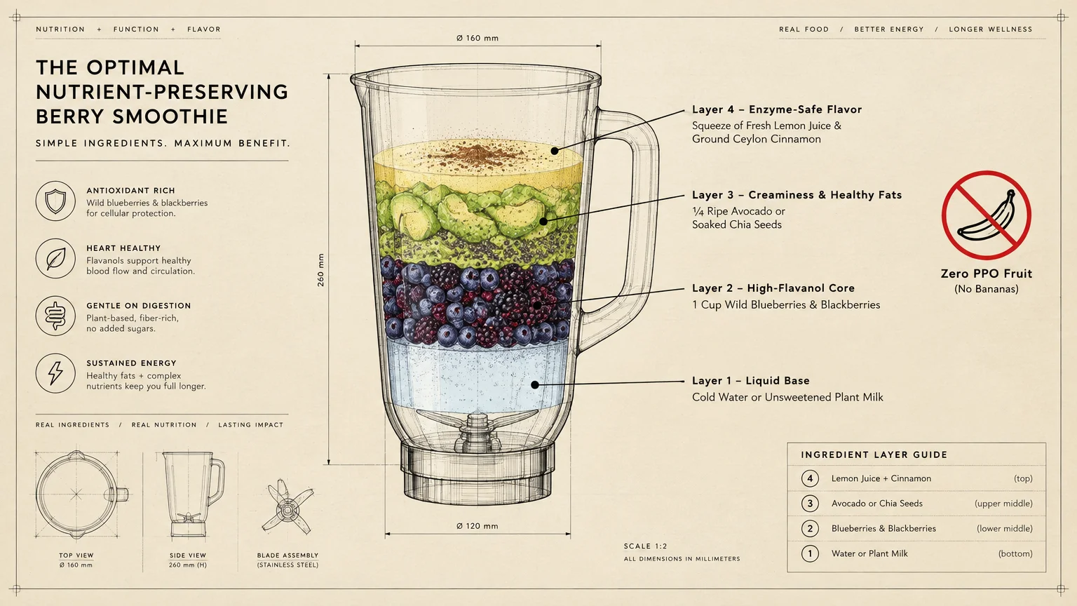 Technical diagram of a blender jar detailing four ingredient layers, dimensional measurements, and a crossed-out banana icon.