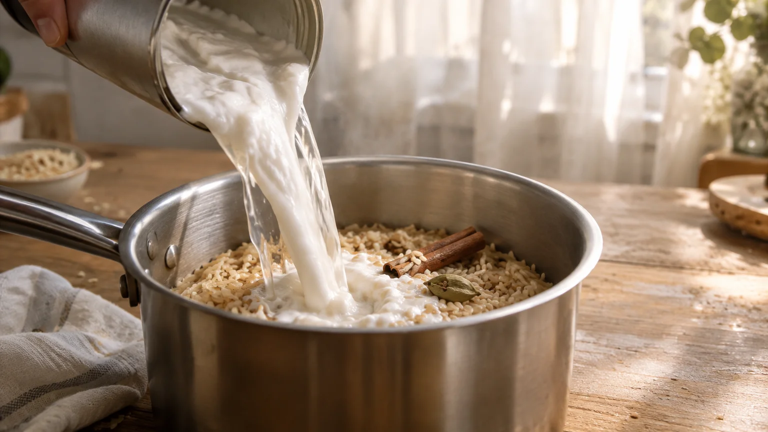 Thick coconut milk pours from a metal can into a saucepan filled with uncooked rice, cinnamon sticks, and cardamom.