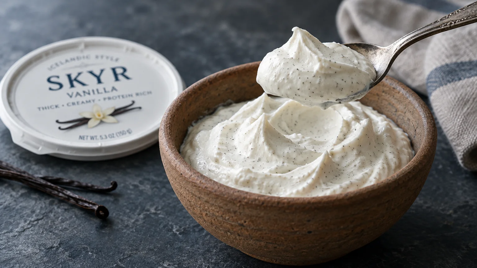 Thick vanilla skyr yogurt flecked with vanilla bean in a clay bowl, with a spoonful lifted above and a lid nearby.