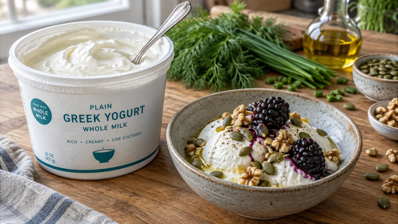 Tub of plain Greek yogurt beside a bowl topped with blackberries, walnuts, and pumpkin seeds on a wooden table.