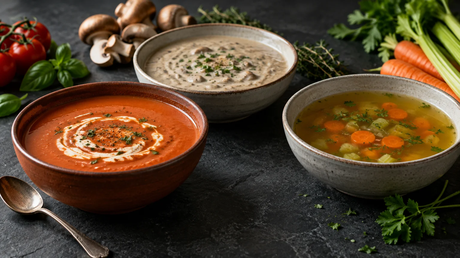 Three bowls of soup—creamy tomato, mushroom, and clear vegetable broth—surrounded by fresh mushrooms, tomatoes, and carrots.