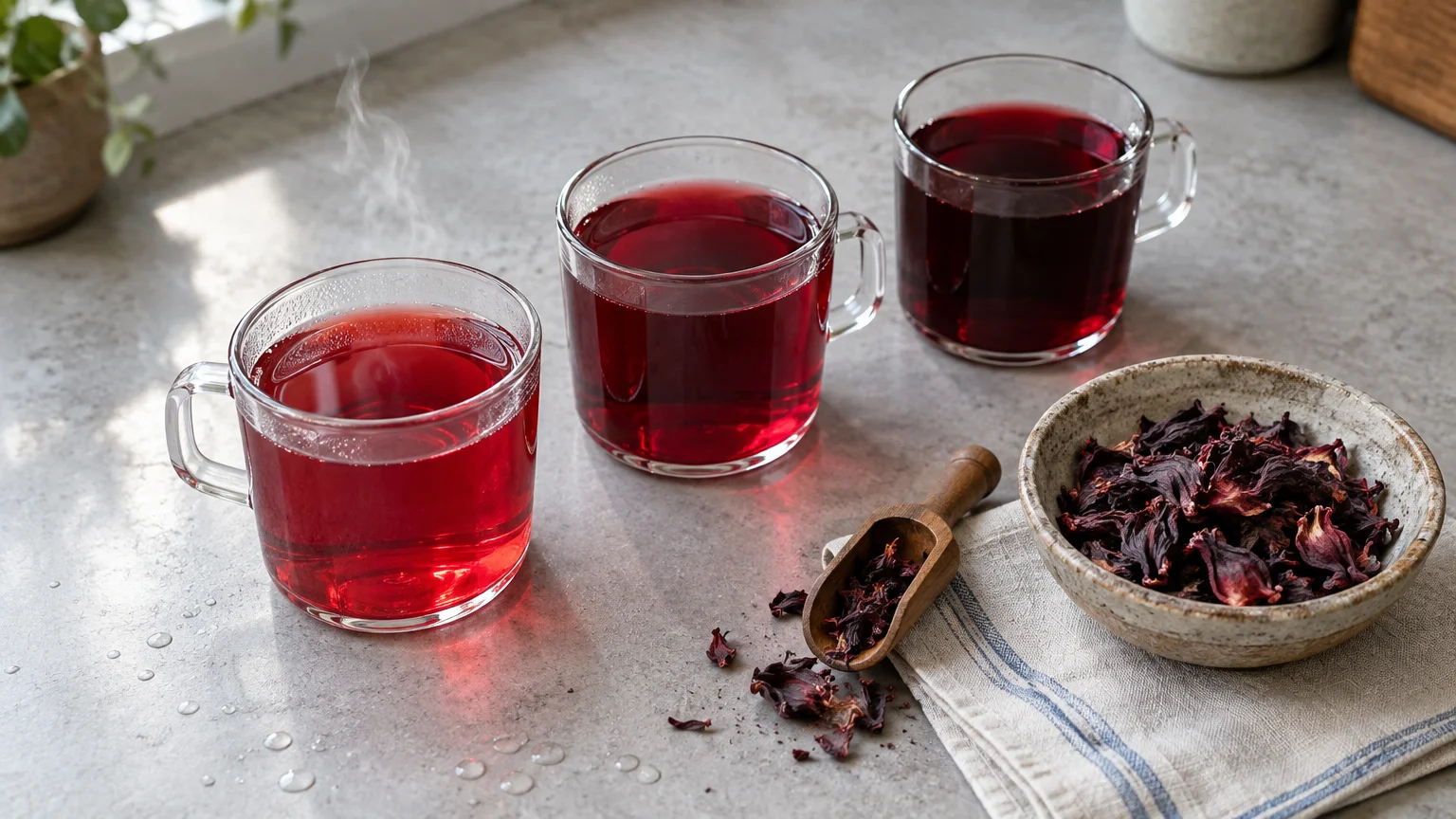 Three glass mugs of red tea beside a bowl and wooden scoop of dried hibiscus calyxes on a light countertop.
