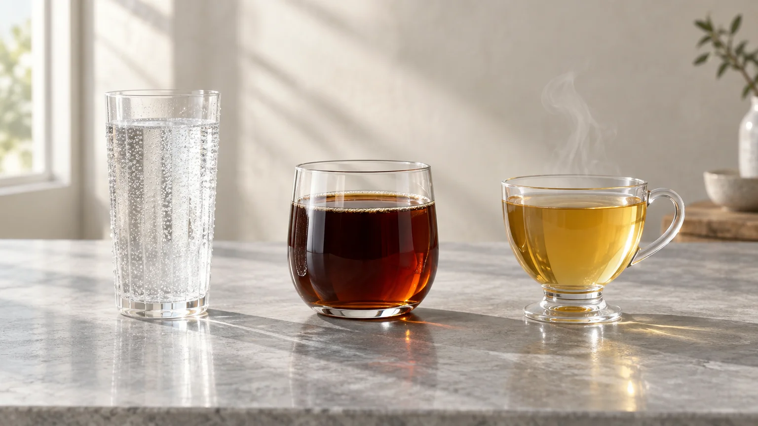 Three clear glass cups filled with sparkling water, dark coffee, and steaming hot tea set in a row on a marble counter.