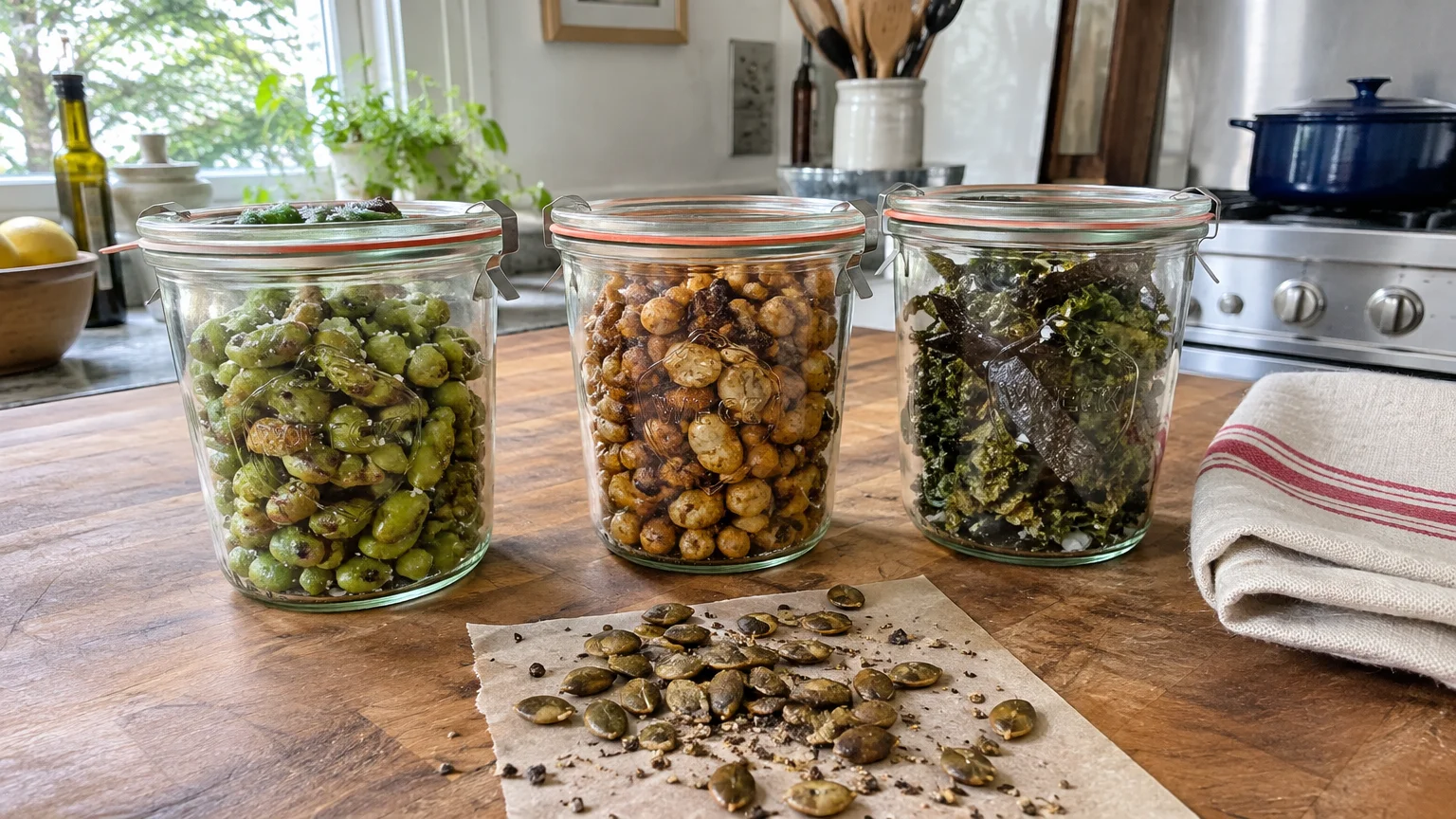 Three glass jars filled with edamame, roasted chickpeas, and kale chips on a wooden counter next to toasted seeds.