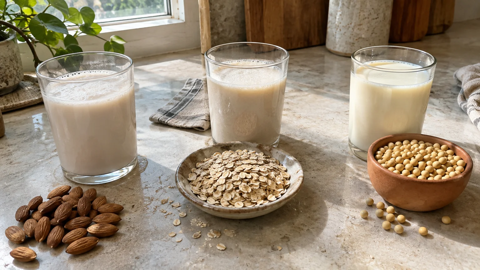 Three glasses of plant milk set beside almonds, a small bowl of rolled oats, and a bowl of soybeans on a marble counter.