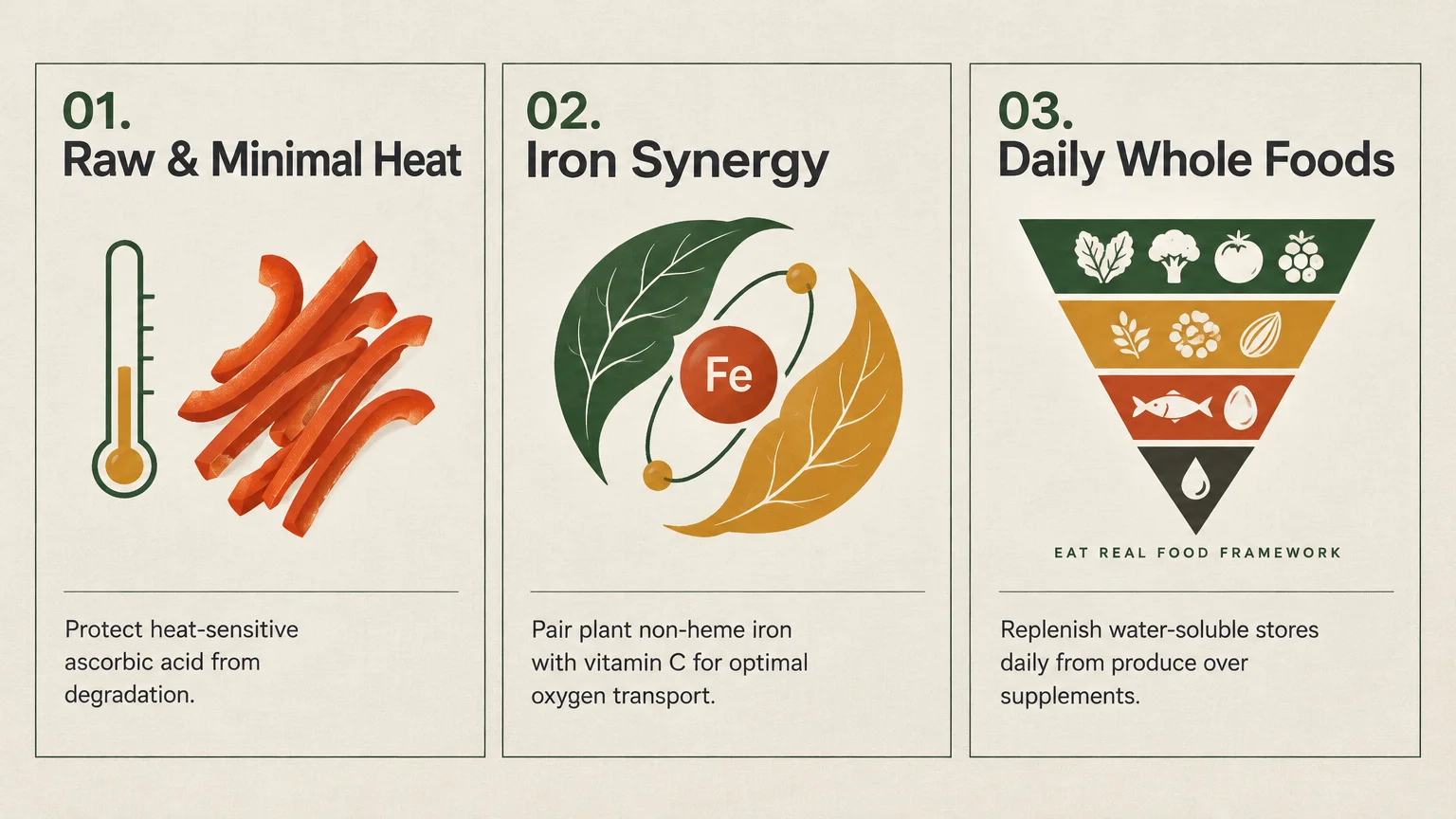 Three-panel graphic illustrating winter vitamin C pillars: Raw & Minimal Heat, Iron Synergy, and Daily Whole Foods framework.