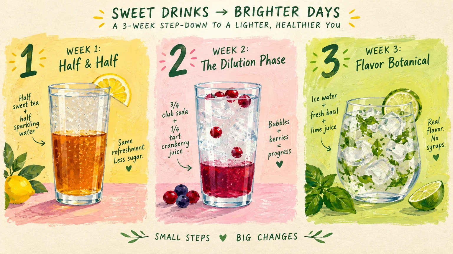 Illustration of a three-week drink plan showing glasses of iced tea, cranberry spritzer, and lime-basil water with ice.
