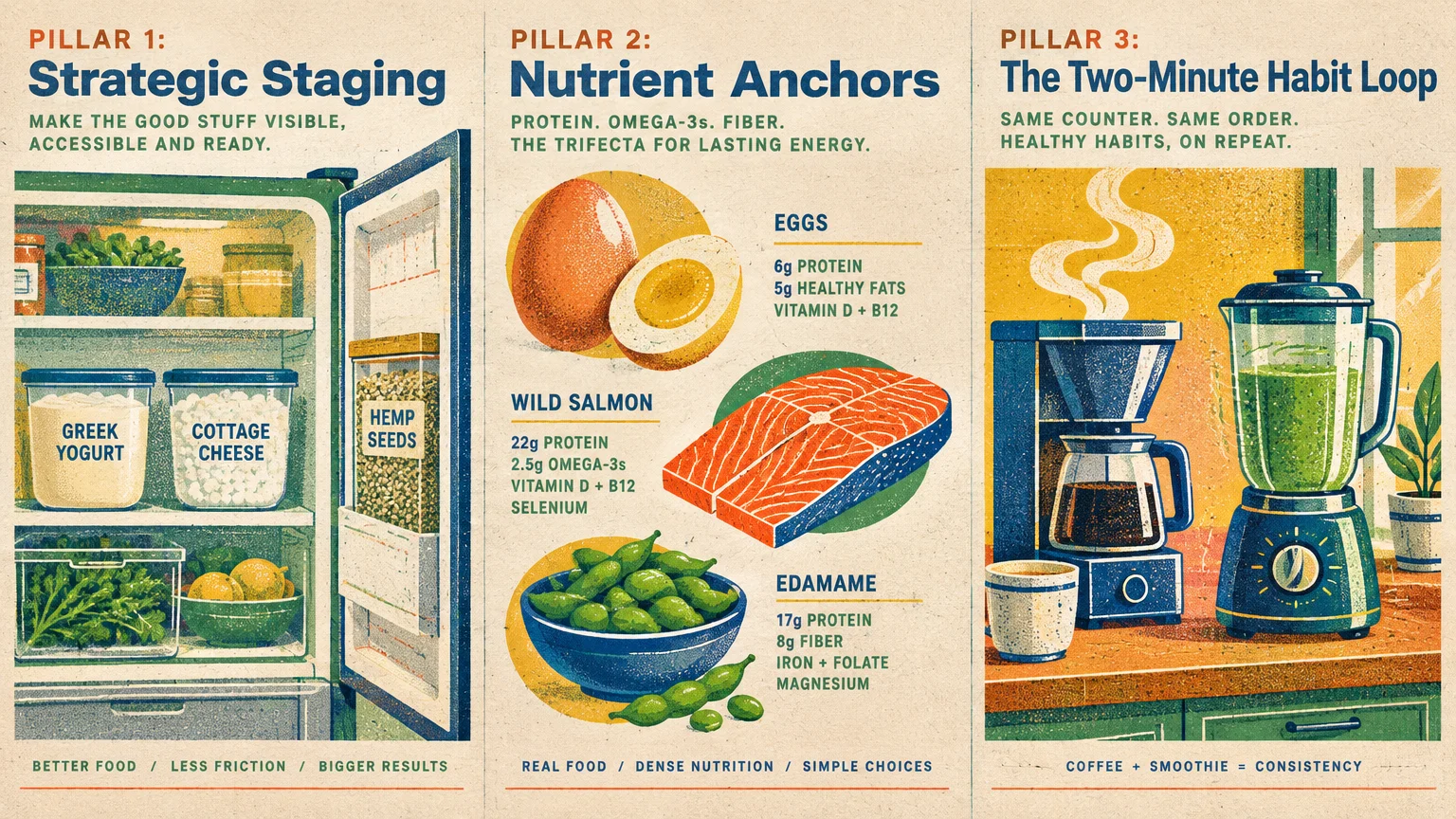 Three-panel graphic displaying an organized refrigerator, whole protein foods, and a coffee maker beside a blender.