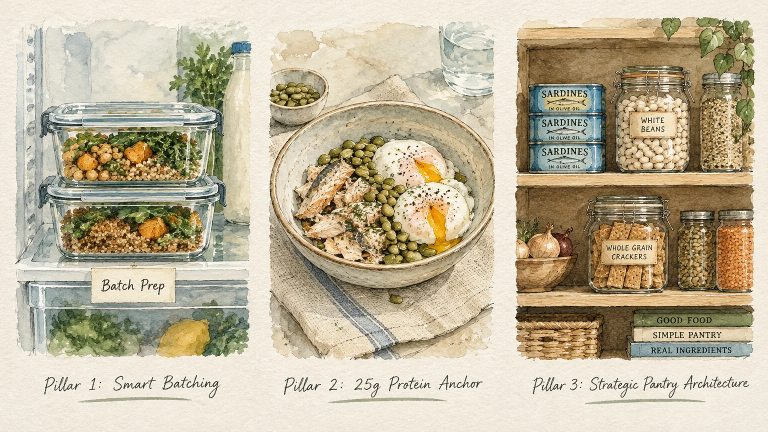 Watercolor triptych showing meal prep containers in a fridge, a bowl with fish and eggs, and an organized pantry.