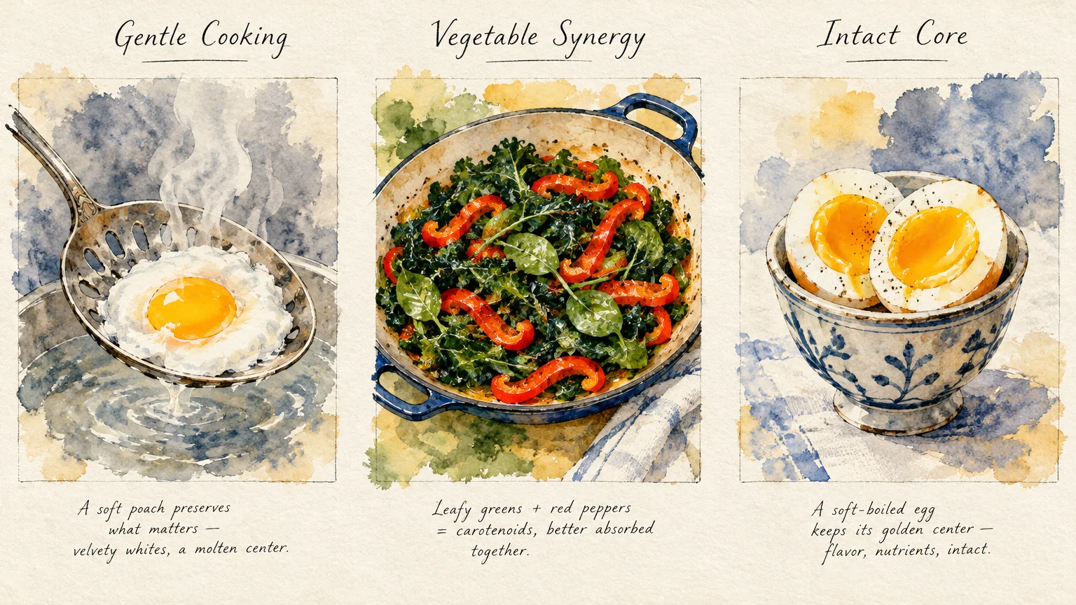 Three watercolor illustrations showing a poached egg, sauteed greens with peppers in a pan, and halved soft-boiled eggs.
