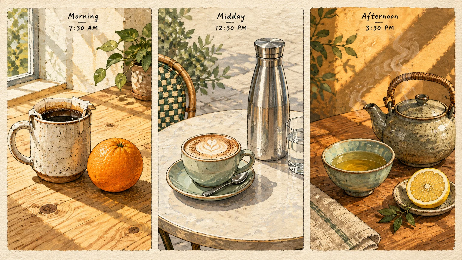 Three panels showing drinks across the day: drip coffee in the morning, latte at midday, and hot tea in the afternoon.