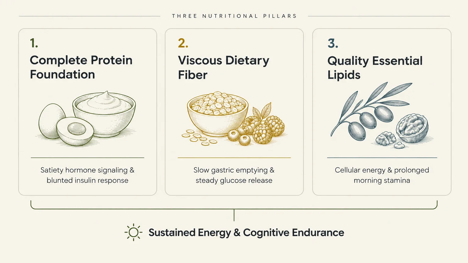 Diagram outlining three nutritional pillars: complete protein, viscous dietary fiber, and quality essential lipids.