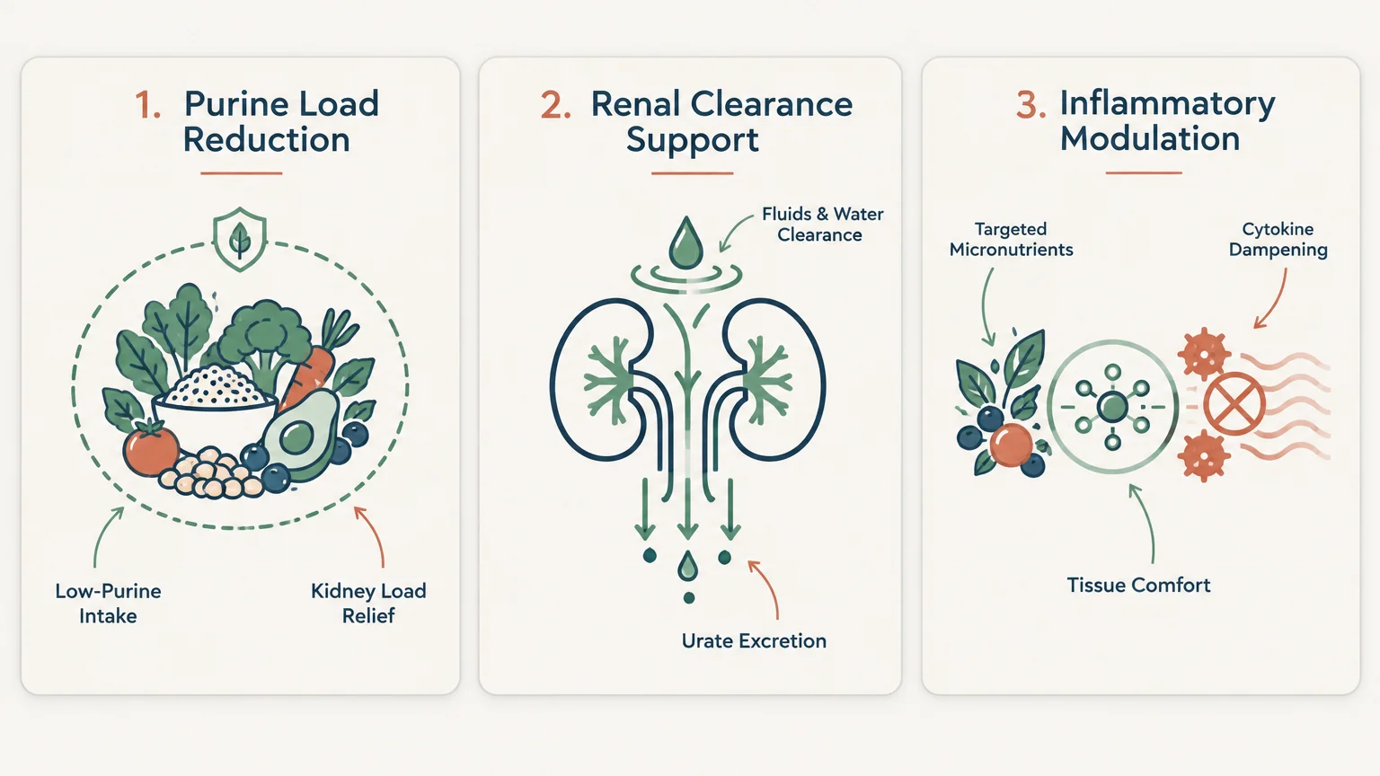 Three-panel diagram illustrating purine load reduction with vegetables, renal clearance support, and inflammatory modulation.