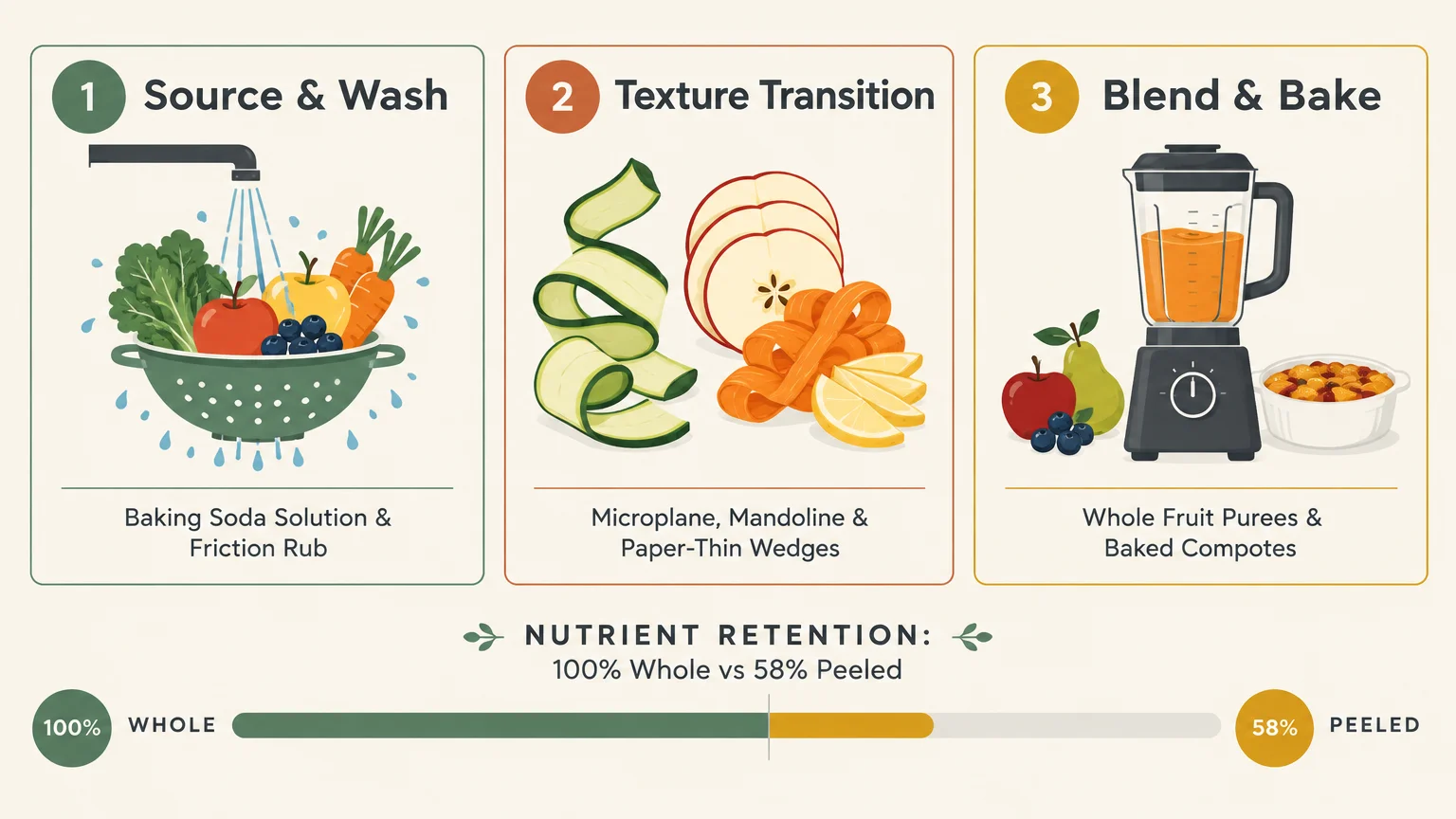 Diagram showing three fruit prep steps—washing, thin slicing, and blending—above a nutrient retention comparison bar.