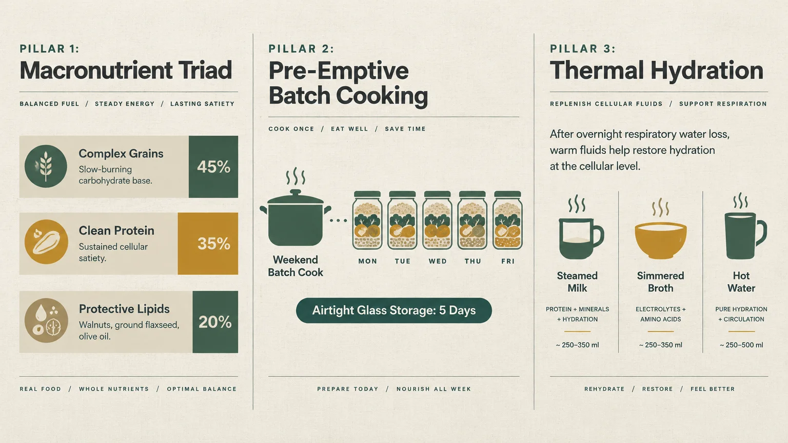 Diagram outlining three breakfast pillars: macronutrient triad, batch cooking jars for weekdays, and warm hydration drinks.