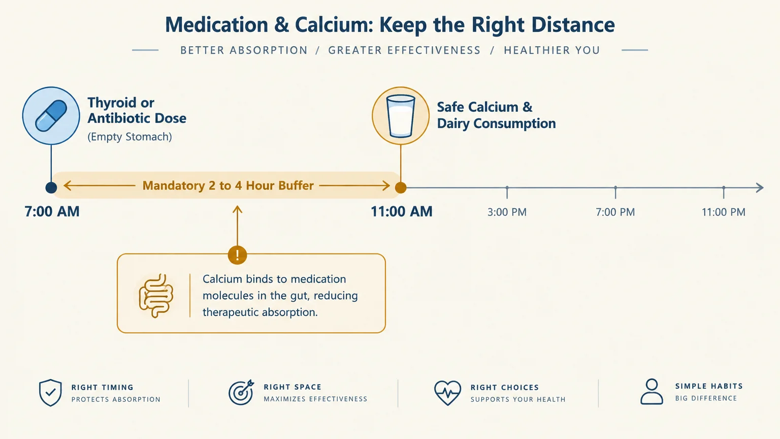Timeline diagram showing a mandatory two to four hour buffer between taking medication and consuming dairy.