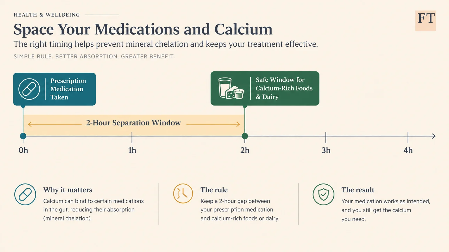 Timeline diagram illustrating a 2-hour separation window between taking prescription medication and eating calcium-rich foods.