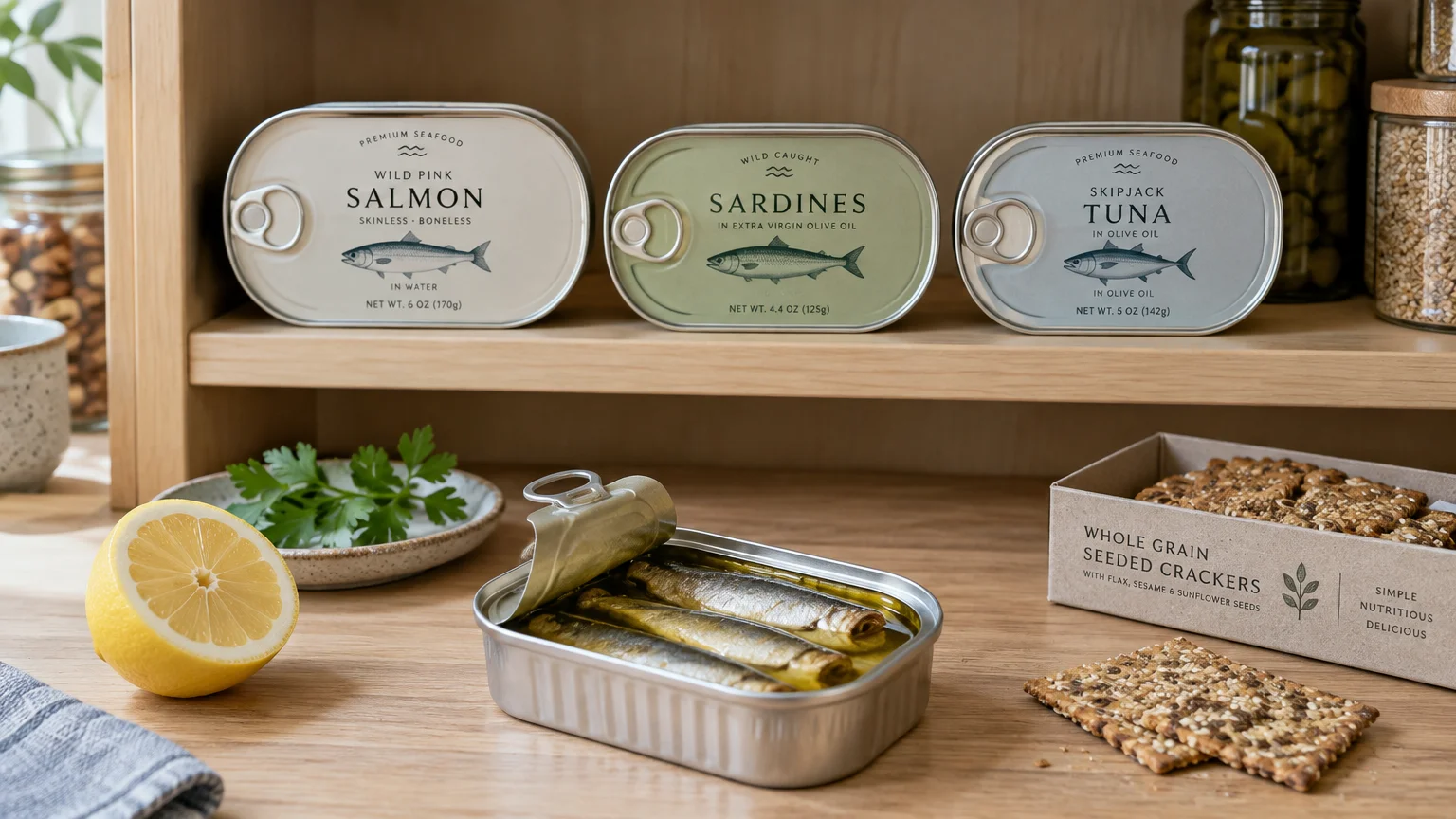 An open tin of sardines in oil on a counter next to seeded crackers, half a lemon, and sealed seafood tins on a shelf.