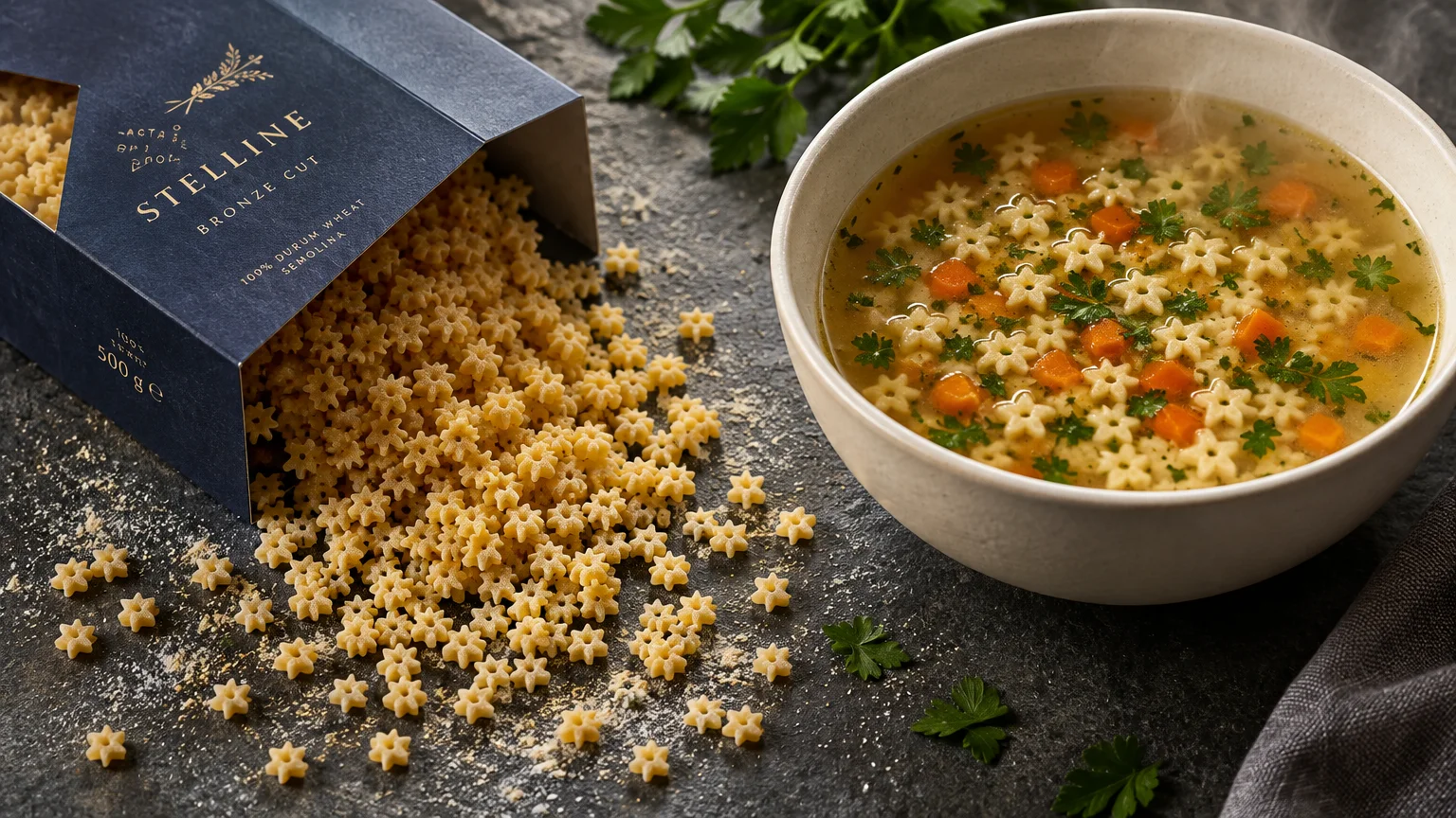 Dry star-shaped stelline pasta spilling from a blue box next to a warm bowl of broth soup with carrots and herbs.