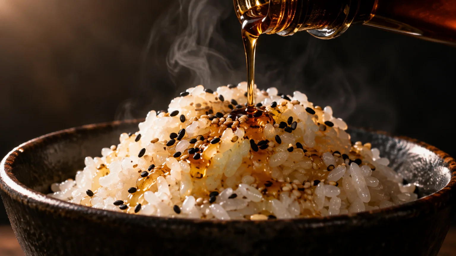 Dark oil pouring from a bottle onto steaming white rice sprinkled with black and toasted sesame seeds in a ceramic bowl.