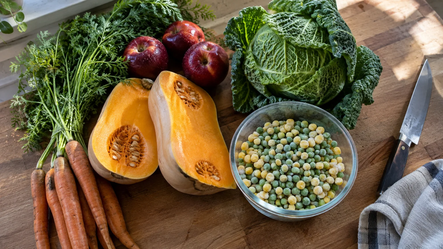 Fresh carrots, apples, halved squash, savoy cabbage, and a bowl of frozen peas arranged on a wooden board.