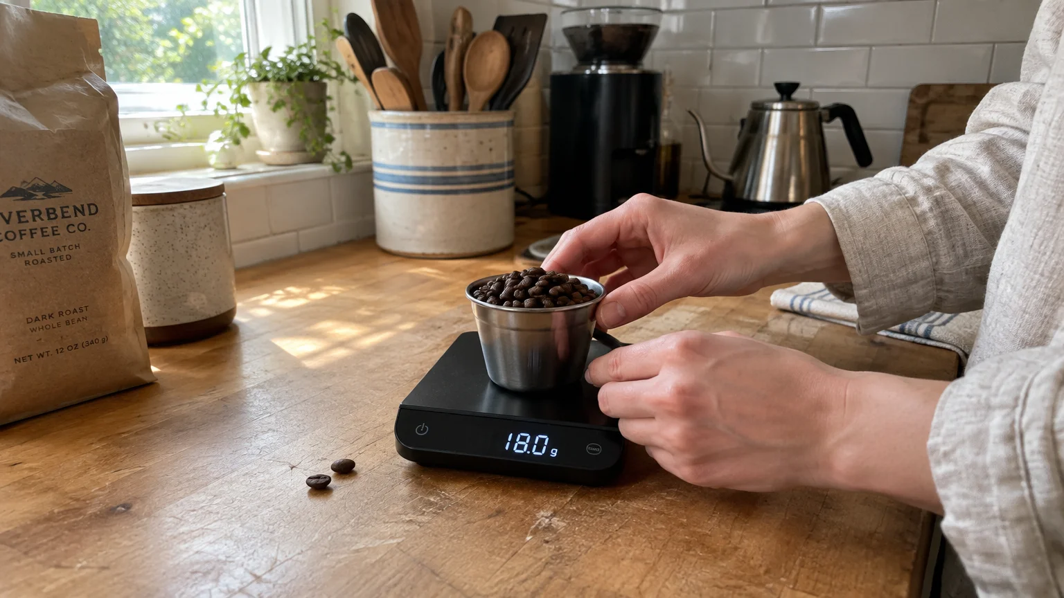 Hands place a metal cup filled with coffee beans onto a digital scale reading 18.0 grams on a wooden counter.