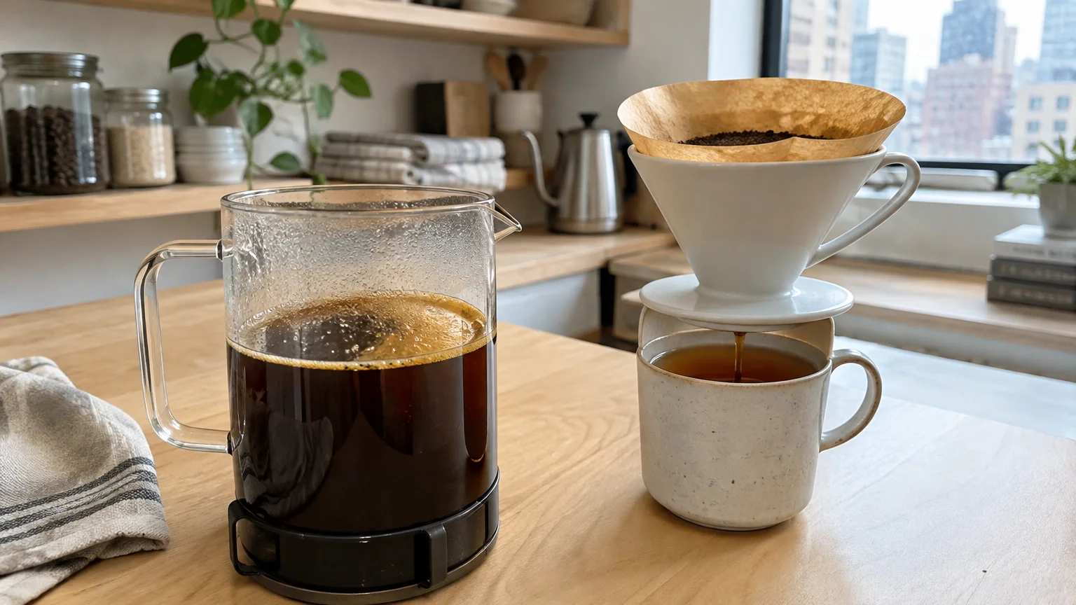 A glass French press filled with coffee next to a pour-over cone dripping coffee into a ceramic mug on a counter.