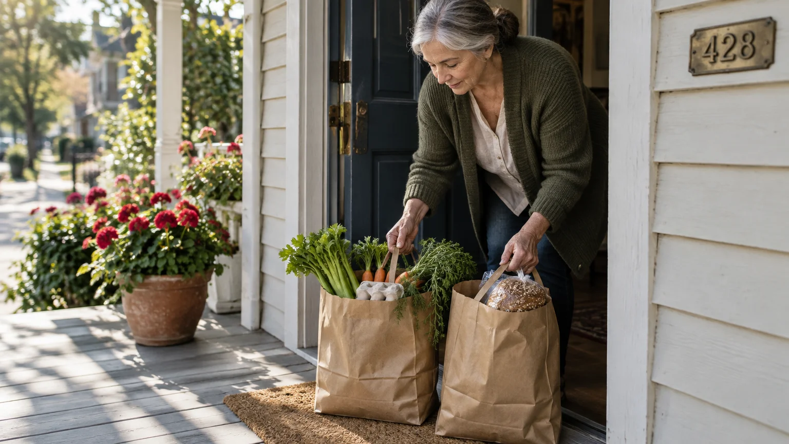 A senior woman picks up two brown paper grocery bags filled with fresh vegetables and bread from her front porch.