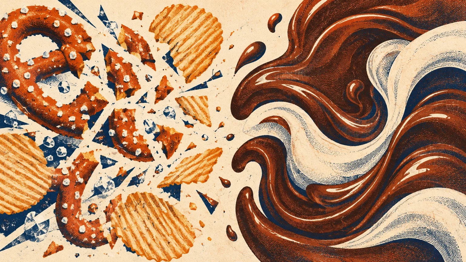 Illustration split between shattering pretzels and potato chips on the left and swirling liquid chocolate and cream on the right.