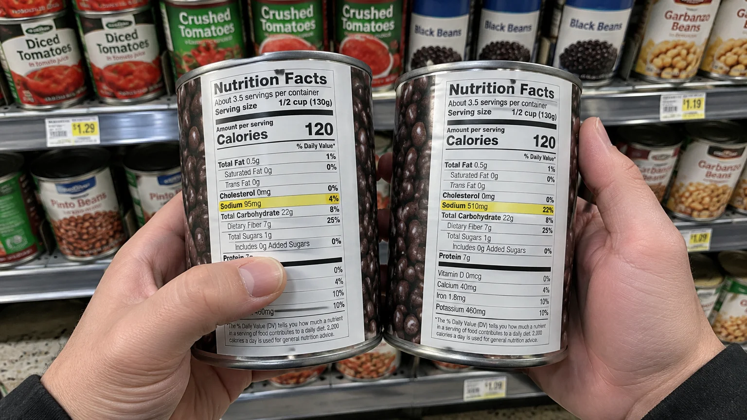 Two hands holding cans of black beans side by side comparing sodium levels of 4 percent and 22 percent DV on labels.