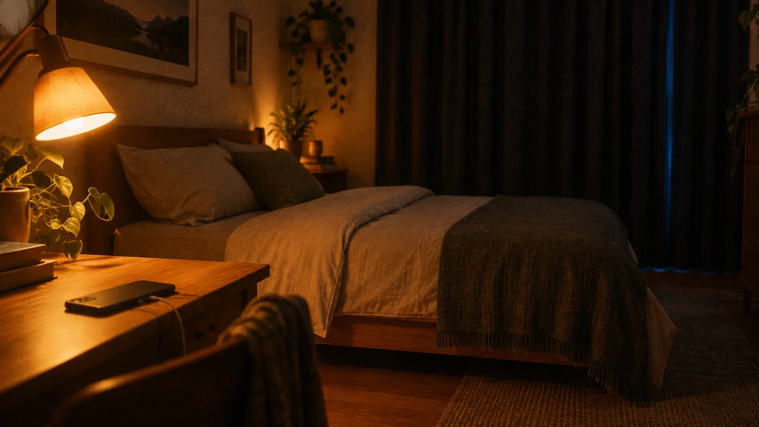 A dimly lit bedroom with warm lamp light, a neatly made bed, potted plants, and a smartphone resting on a wooden desk.
