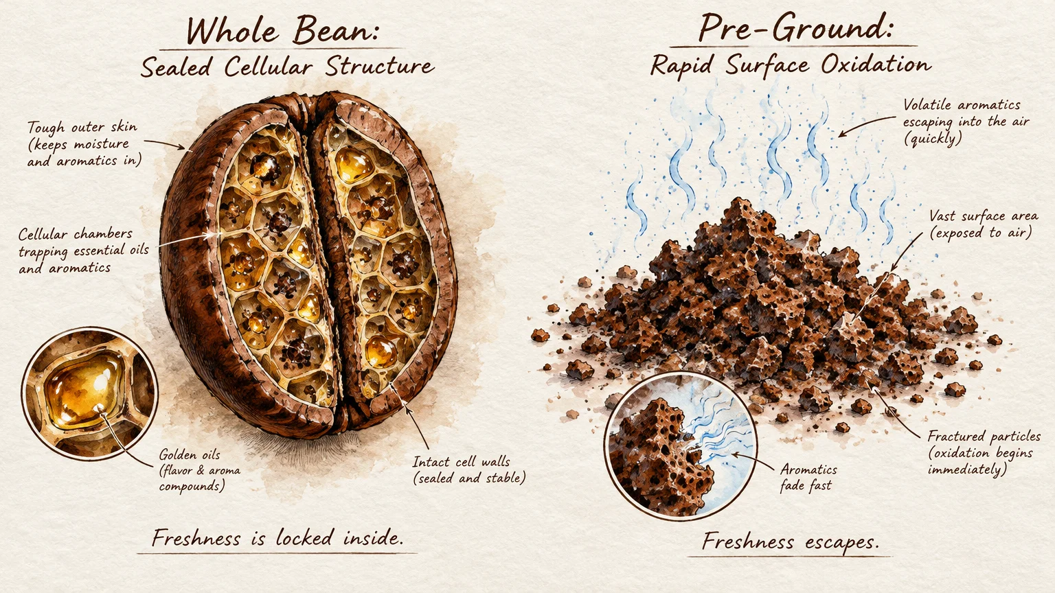 Diagram contrasting a sealed whole coffee bean structure with a pile of porous, pre-ground coffee releasing aromatics.