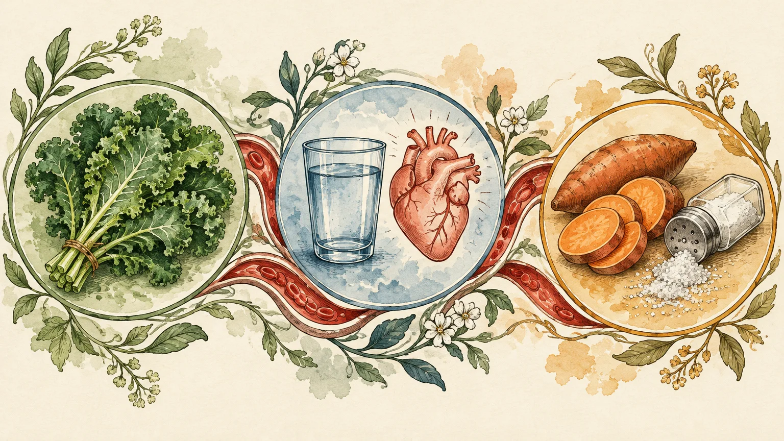 Watercolor triptych showing kale, a human heart beside a water glass, and sliced sweet potato with a spilled salt shaker.