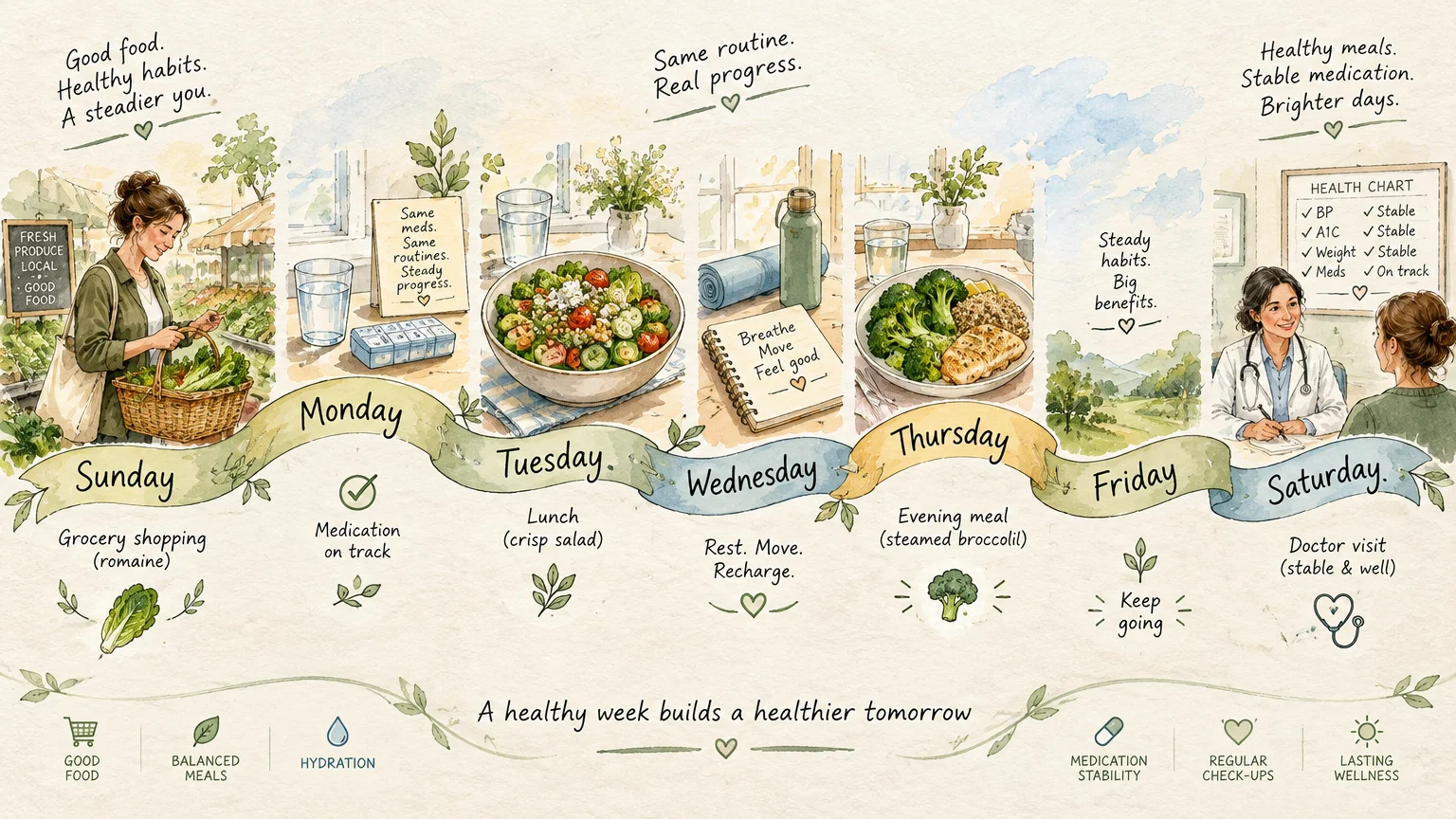 Illustrated weekly timeline from Sunday to Saturday showing grocery shopping, healthy meals, and a doctor visit.
