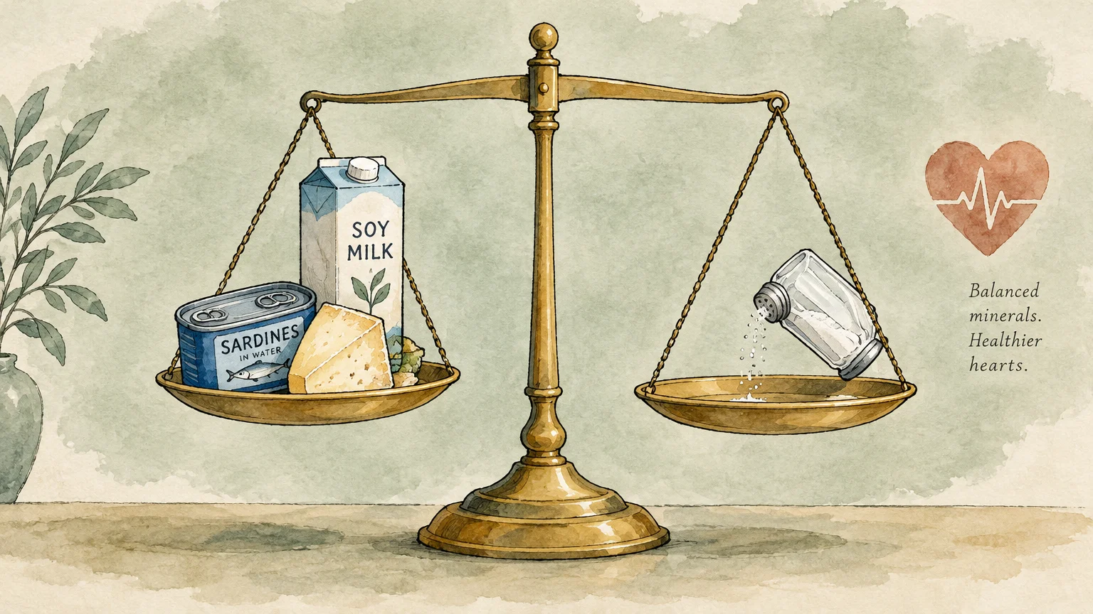 Watercolor illustration of a brass scale balancing canned sardines, cheese, and soy milk against a pouring salt shaker.
