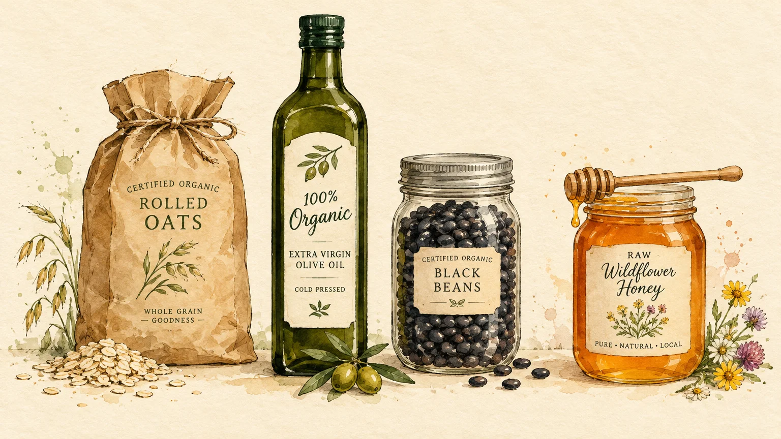 Illustration of organic pantry items: rolled oats in a paper sack, olive oil bottle, jar of black beans, and honey jar.
