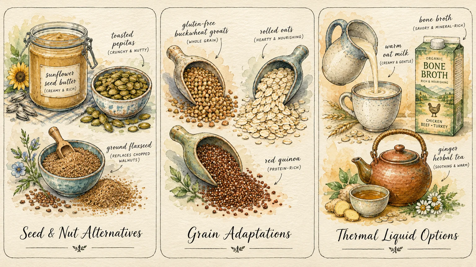 Three panels of watercolor illustrations showing seeds and nut butter, scoops of various grains, and warm breakfast liquids.