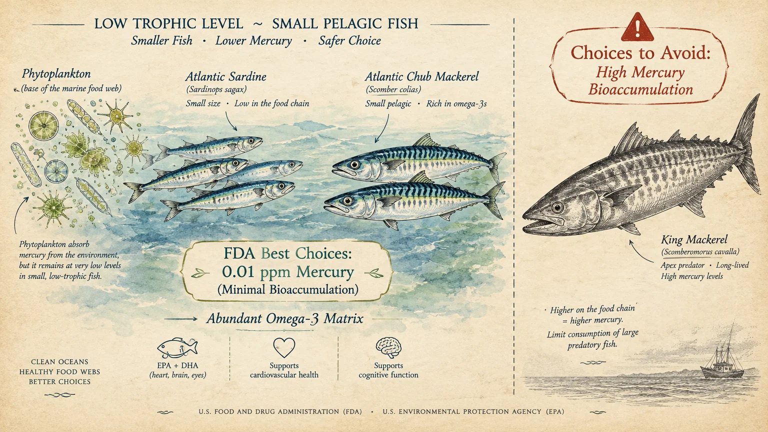Diagram contrasting low-mercury sardines and chub mackerel with high-mercury king mackerel across marine trophic levels.