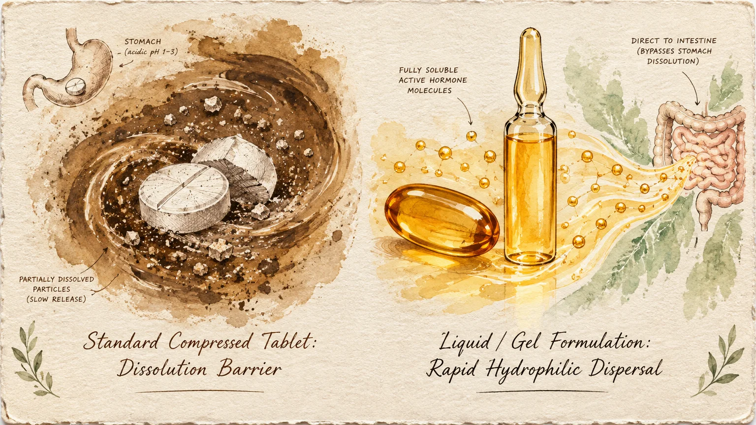 Illustration comparing a dissolving pill in coffee-colored liquid to a soft-gel capsule, liquid ampoule, and intestine.