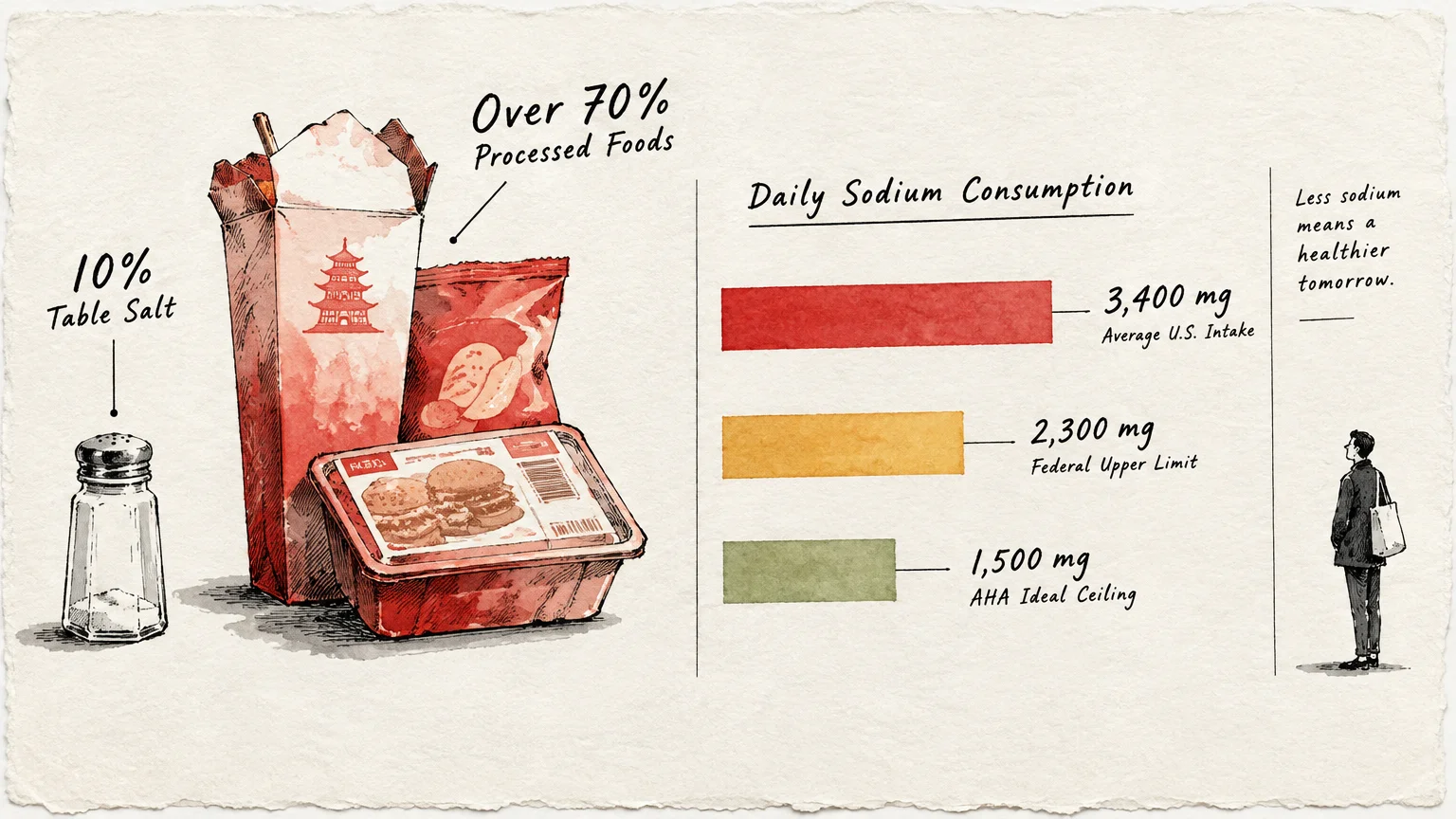Watercolor infographic showing packaged takeout food, a salt shaker, and a bar chart comparing daily sodium intake levels.