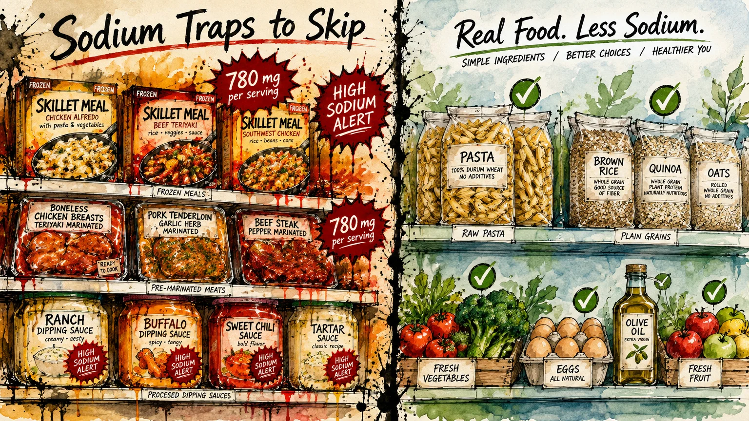 Illustration comparing packaged high-sodium meals and sauces on the left to whole grains, produce, and olive oil on the right.