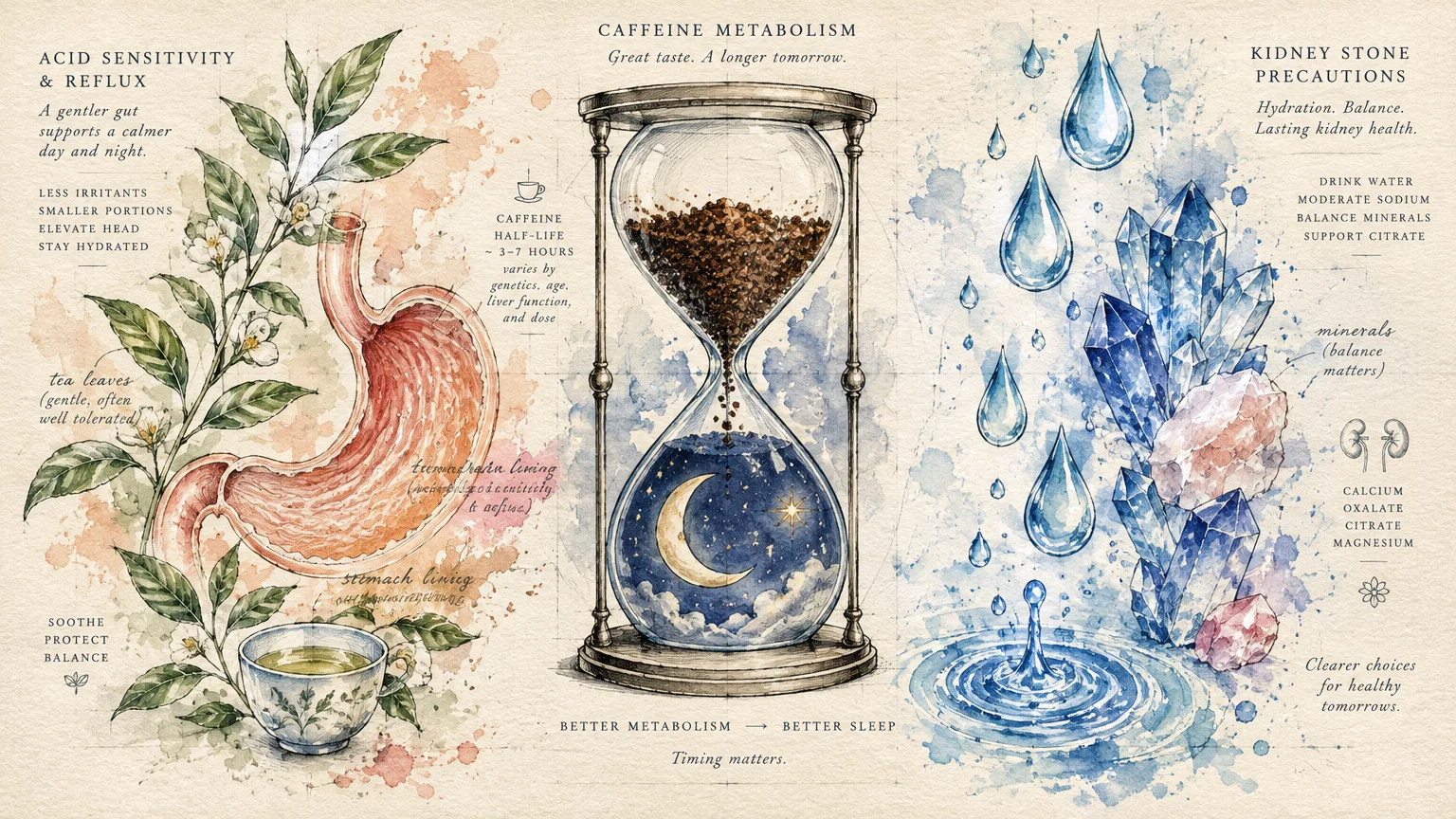 Watercolor panels showing a stomach cross-section with tea, a celestial hourglass, and water drops splashing on blue crystals.