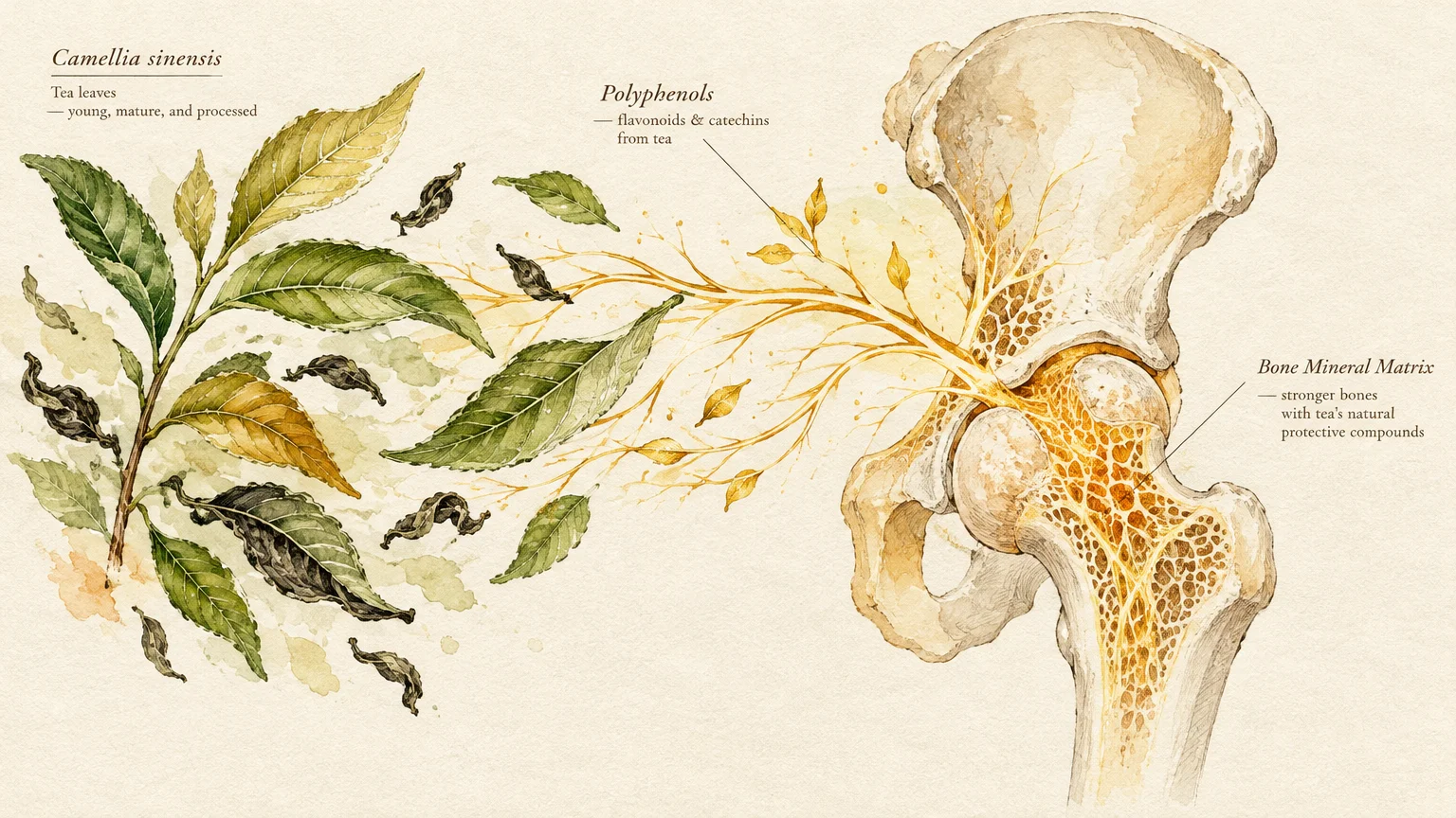 Illustration of green tea leaves connecting via golden branches to the internal bone matrix of a human hip joint.