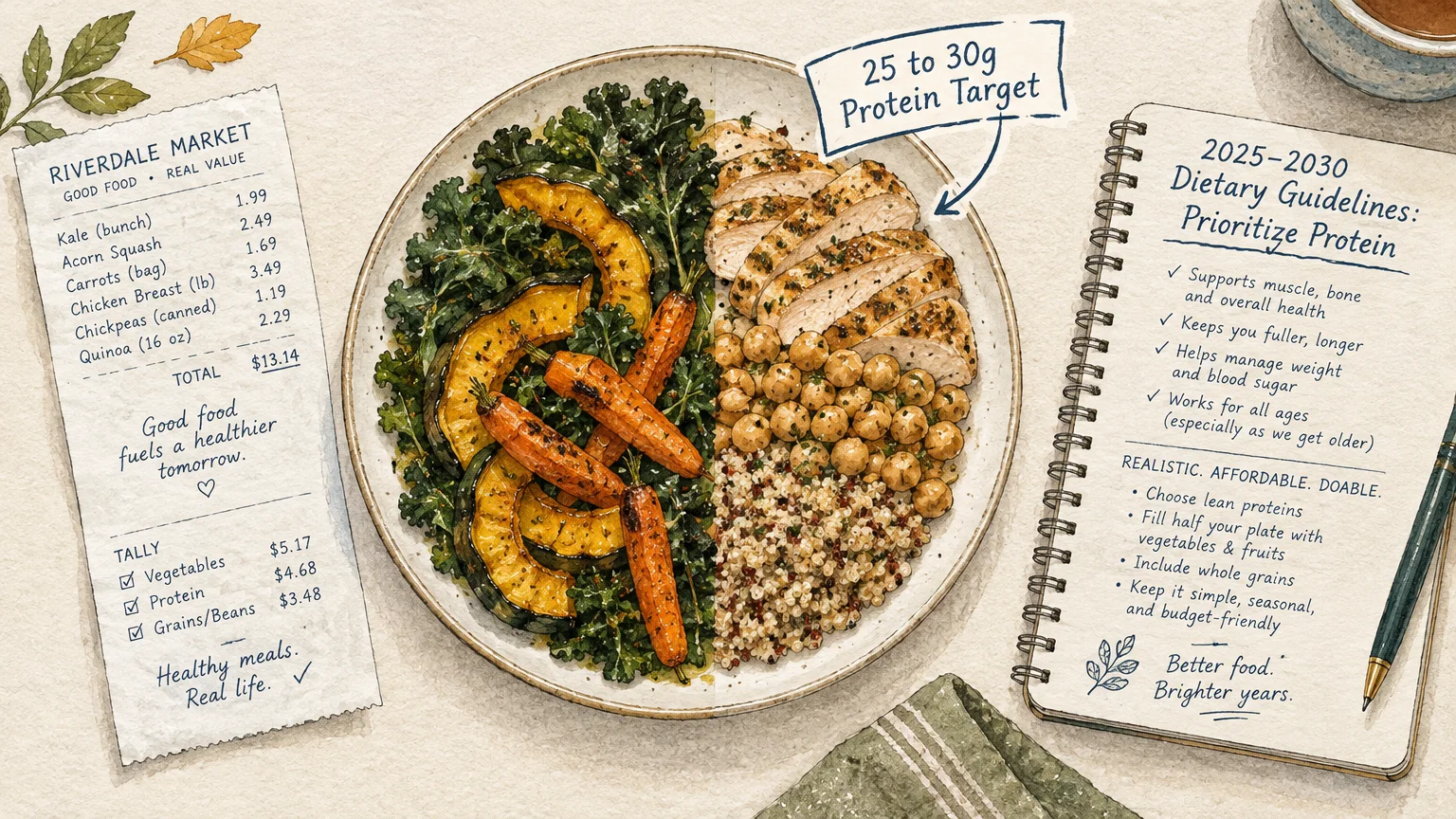 An illustrated meal bowl with chicken and vegetables beside a grocery receipt and a nutrition notebook.