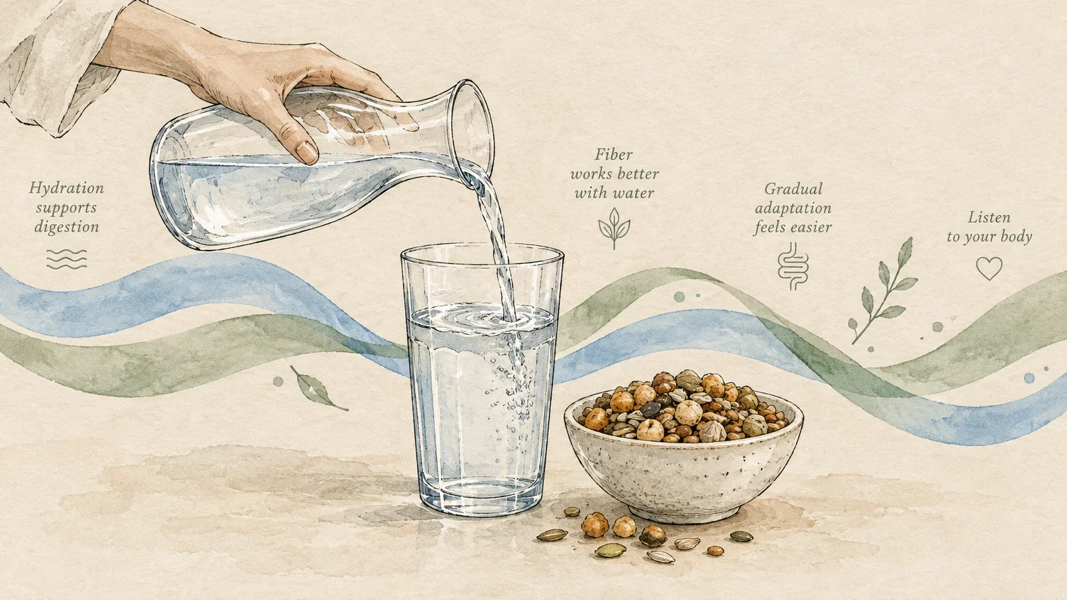 Illustration of a hand pouring water into a glass beside a small ceramic bowl of mixed seeds and roasted legumes.