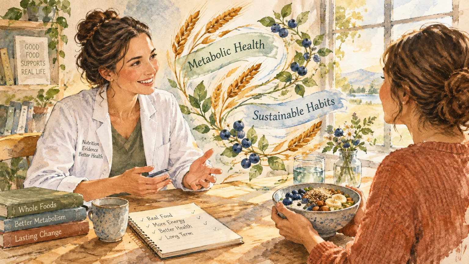 Watercolor illustration of a dietitian in a lab coat speaking across a table to a woman holding a healthy breakfast bowl.