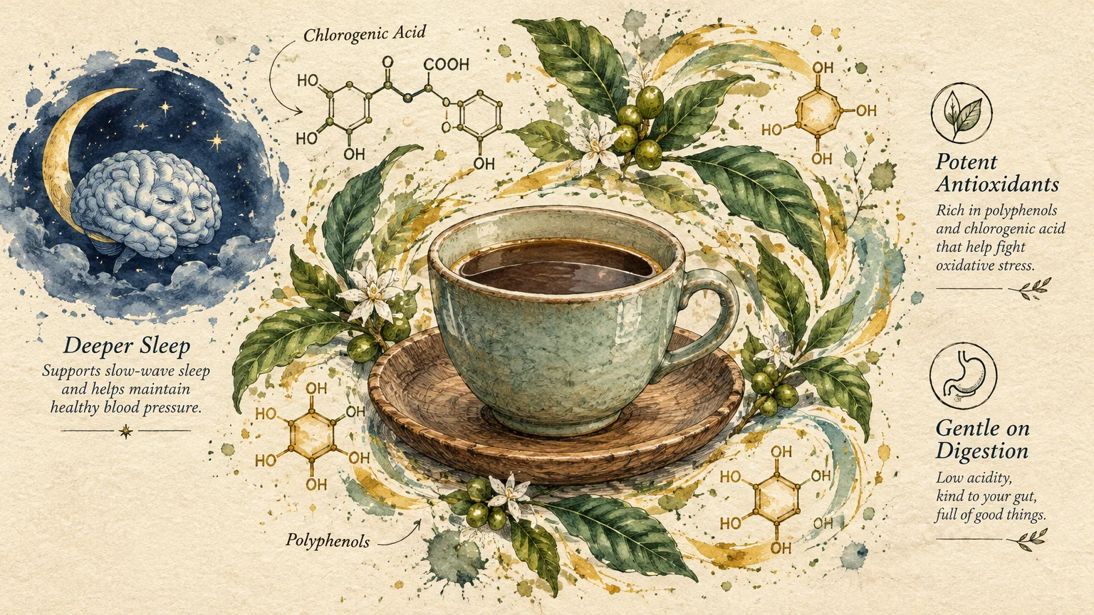 Watercolor illustration of a coffee cup surrounded by coffee leaves, chemical structures, and a sleeping moonlit brain.
