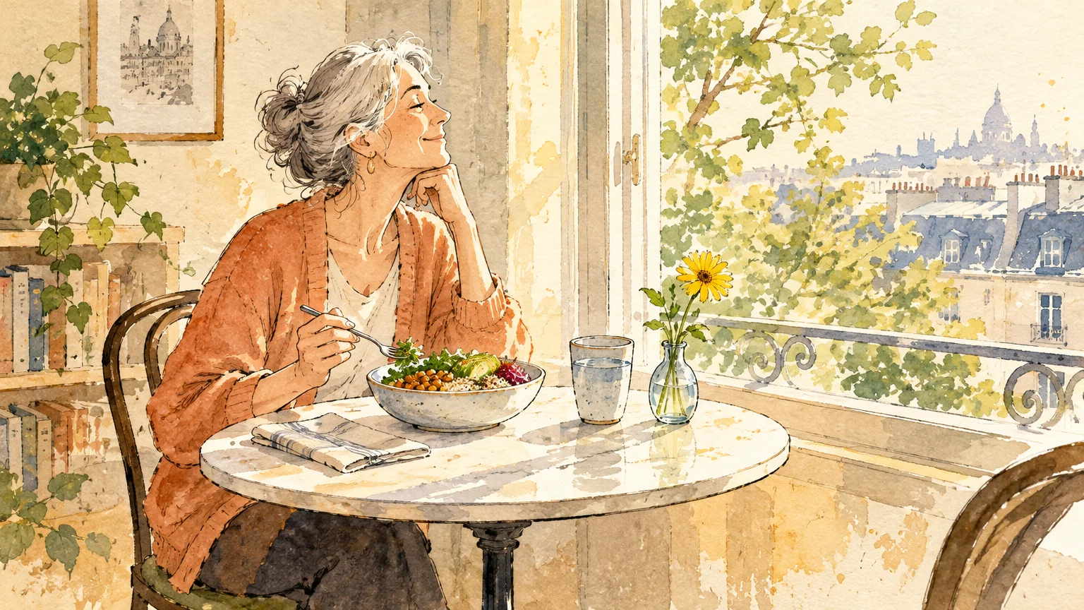 Watercolor illustration of a smiling senior woman eating a salad bowl by an open window overlooking a European city.