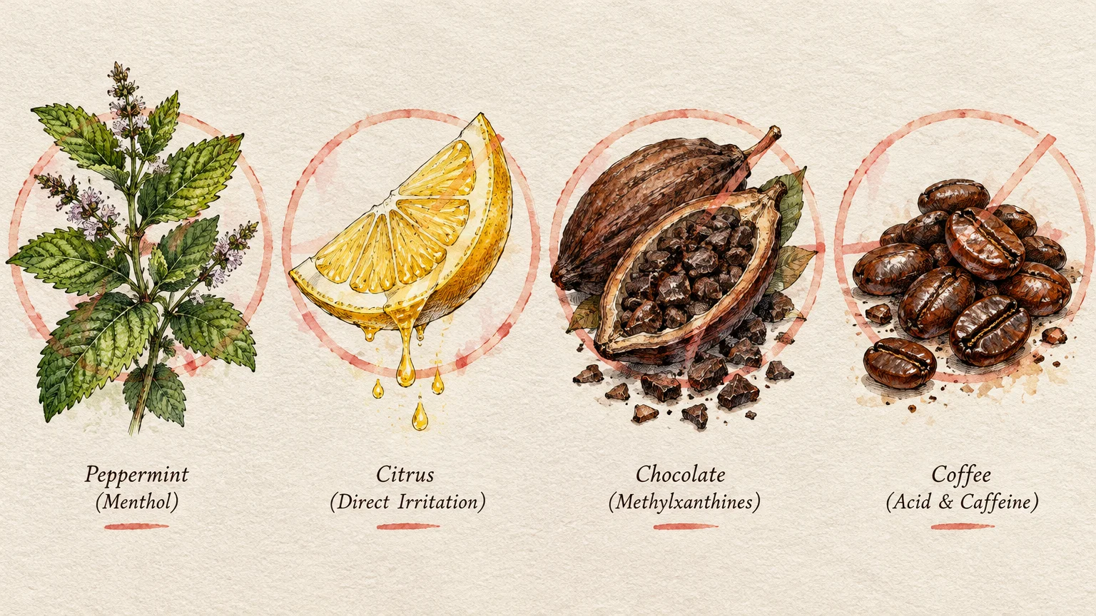 Watercolor illustration showing peppermint, a citrus slice, cocoa pods, and coffee beans with red cancellation marks.
